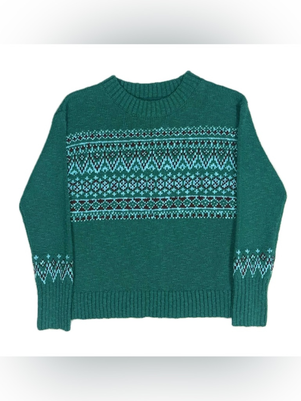 LL Bean 100% cotton teal green blue fair isle knit sweater women's small petite